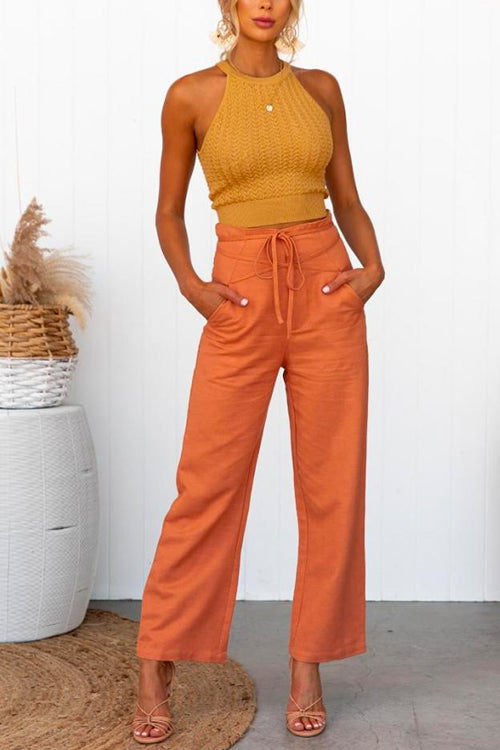 Paper Bag Tie Waist Straight Leg Solid Pants