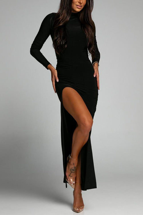 Margovil Mockneck Long Sleeves High Slit Bodycon Maxi Dress