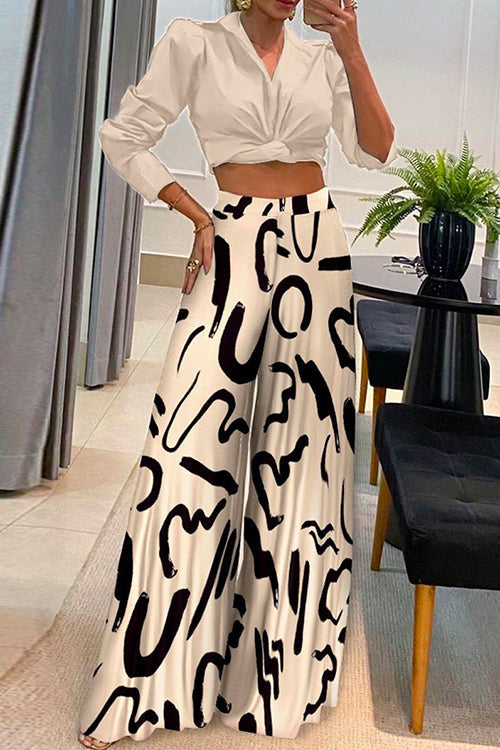 Margovil Twist Knot Long Sleeve Crop Top Printed Wide Leg Pants Set