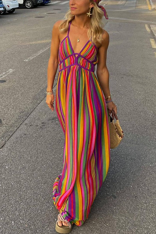 Margovil V Neck Backless Rainbow Stripes Cami Maxi Holiday Dress