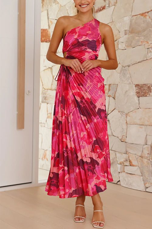 Margovil One Shoulder Asymmetrical Pleated Floral Maxi Dress