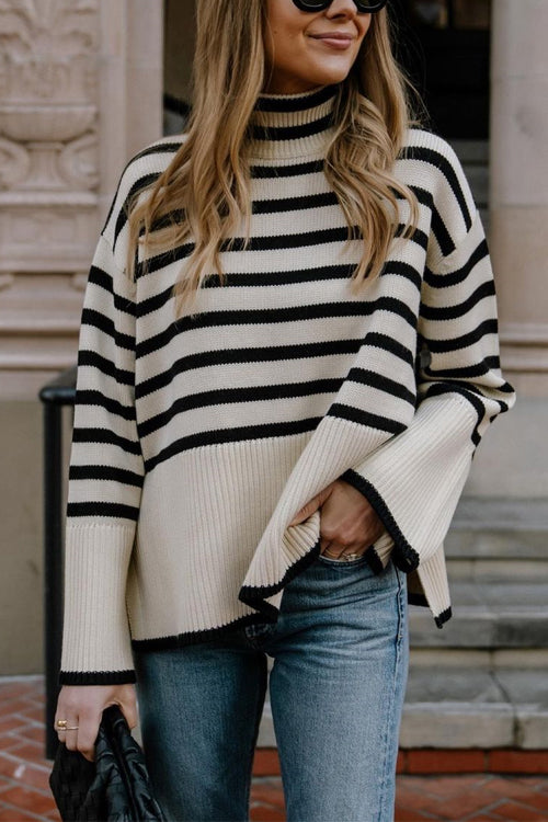 Margovil Striped Tuetleneck Side Split Pullover Sweater