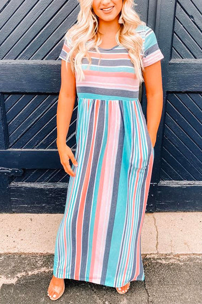 Margovil Color Block Stripes Waisted Maxi Dress