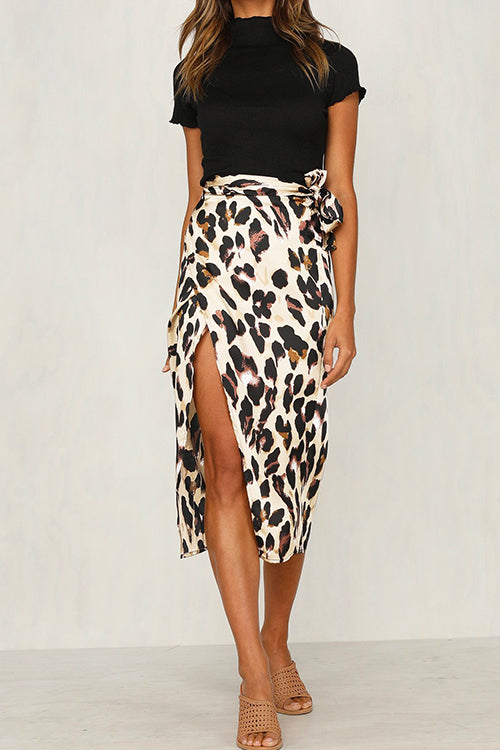 Margovil Knot Waist Slit Midi Leopard Skirt