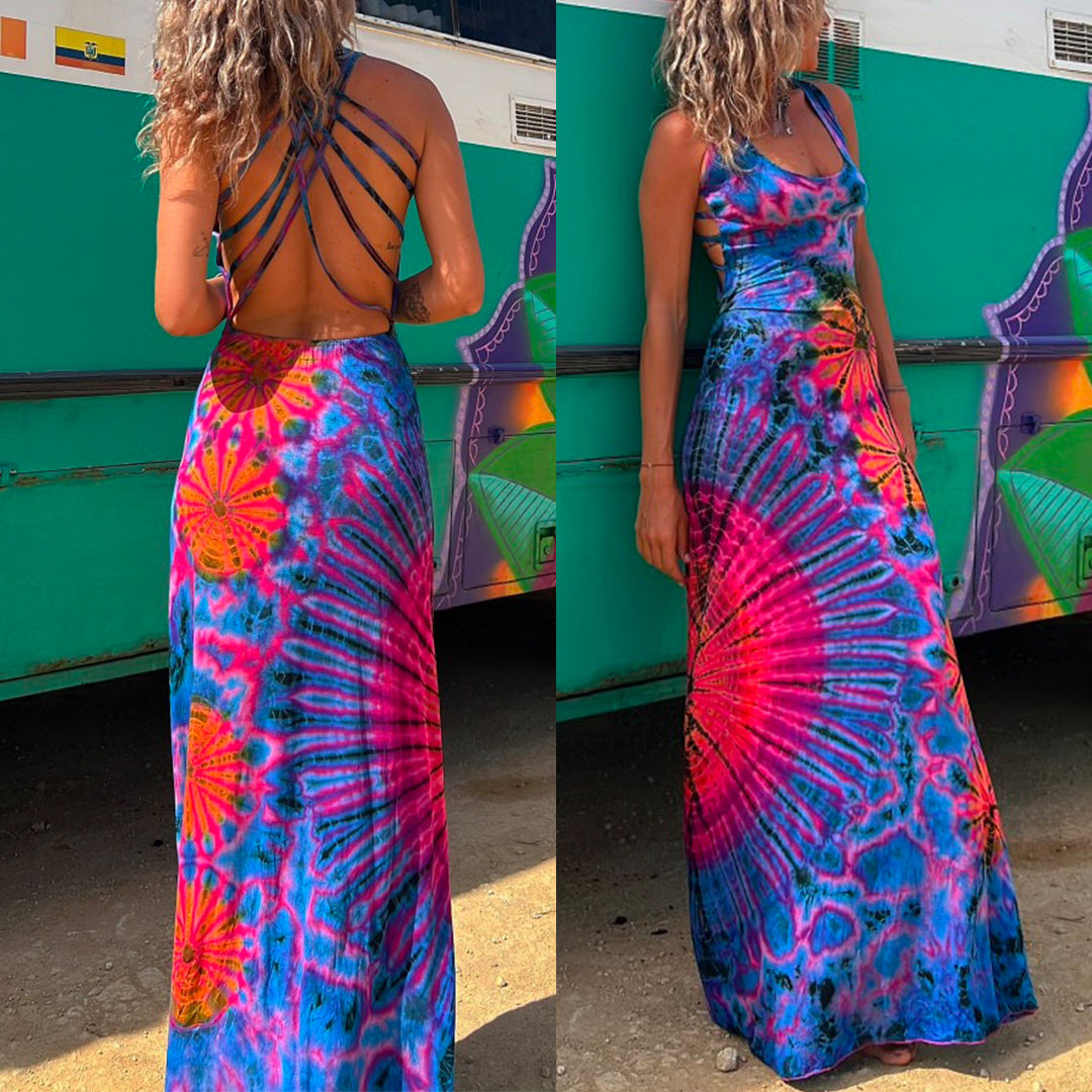 Criss Cross Backless Tie Dye Maxi Cami Dress