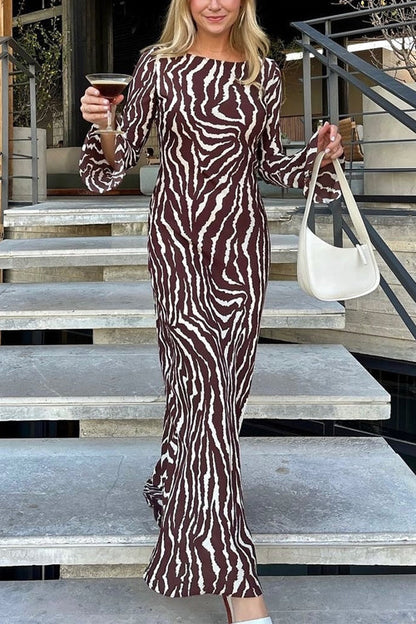 Margovil Boat Neck Bell Sleeves Animal Print Maxi Dress