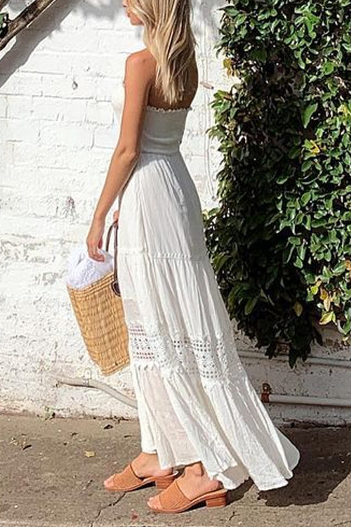 Margovil Strapless Tube Hollow Out Lace Splice Tiered Maxi Dress