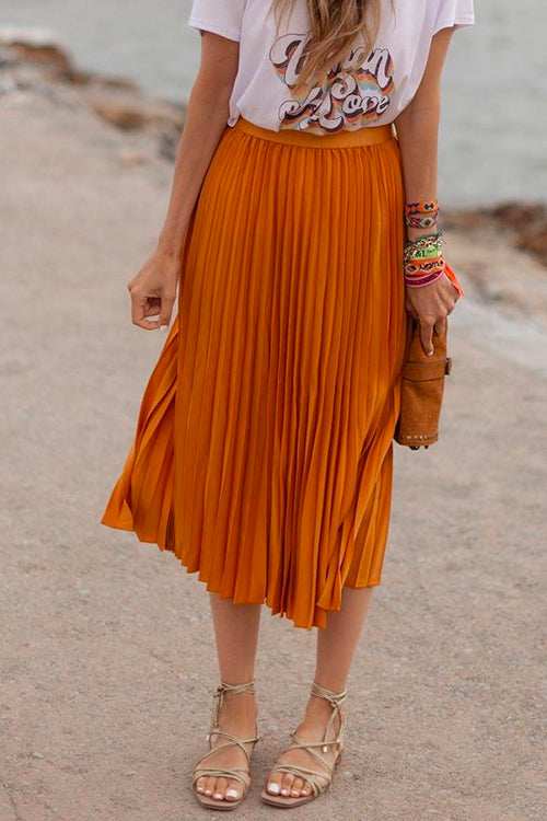 High Waist Pleated Chiffon Shirring Swing Midi Skirt