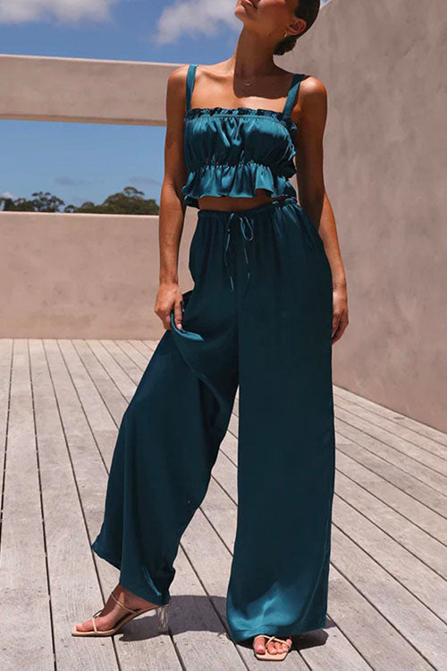 Margovil Ruffle Cami Top Drawstring Waist Wide Leg Pants Satin Set