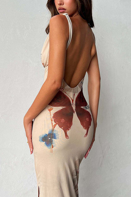 Margovil V Neck Sleeveless Open Back Side Slit Printed Maxi Dress