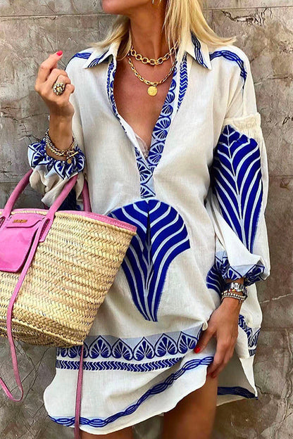 Margovil Lapel V Neck Long Sleeve Printed Shirt Dress