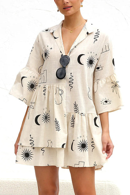 Margovil Flare Sleeves Button Down Graffiti Print Ruffle Shirt Dress