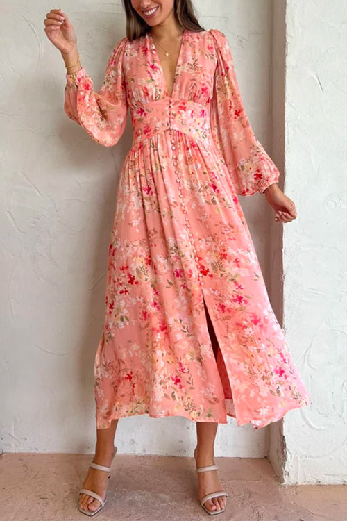 Margovil V Neck Button Up Waisted Floral Midi Swing Dress