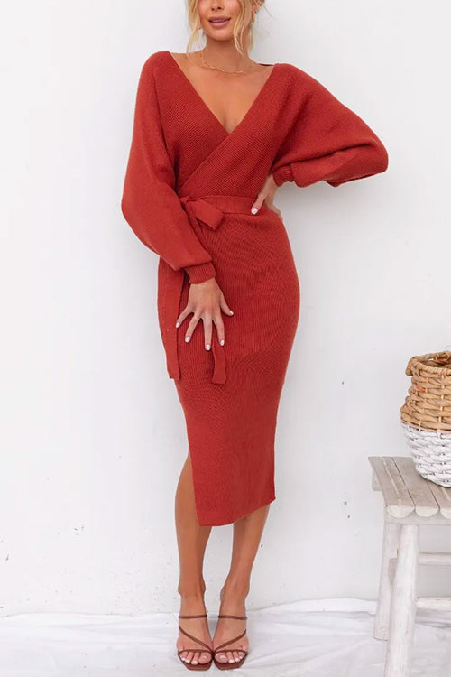 Margovil Wrap V Neck Side Split Tie Waist Midi Sweater Dress