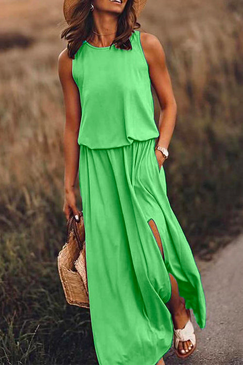 Margovil Sleeveless Waisted Slit Maxi Tank Dress