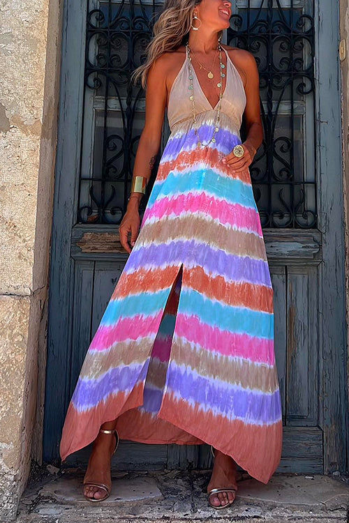 Margovil Halter Deep V Neck Slit Tie Dye Maxi Cami Dress