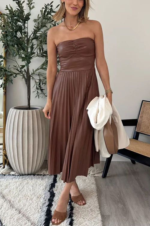 Strapless Pleated Faux Leather Midi Dress(2 Colors Available!)