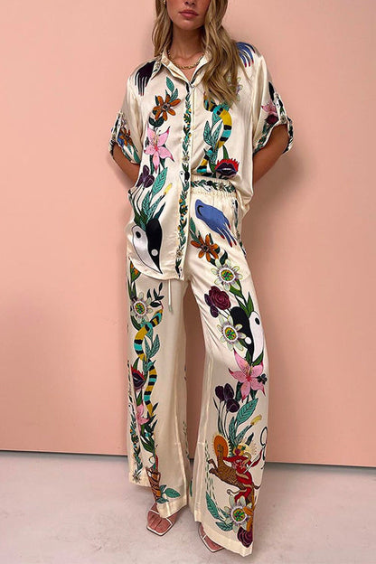 Unique Printed Rolled Up Short Sleeves Blouse Shirt Wide Leg Pants Silk Set