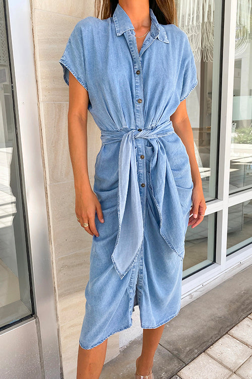 Margovil Button Down Short Sleeve Tie Waist Ruched Denim Dress