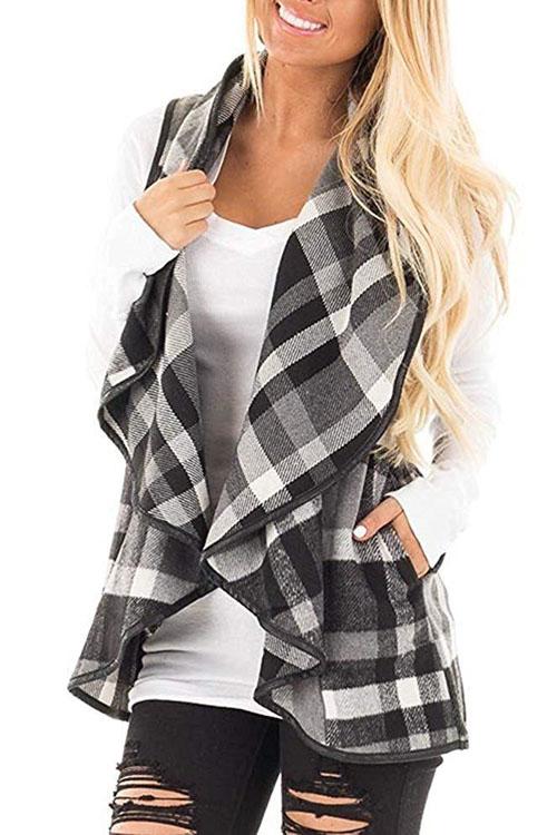 Margovil Lush Sleeveless Plaid Jacket Vest with Pockets