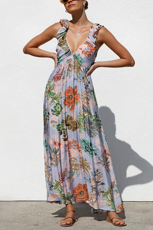 Margovil Sleeveless V Neck Floral Print Maxi Holiday Dress