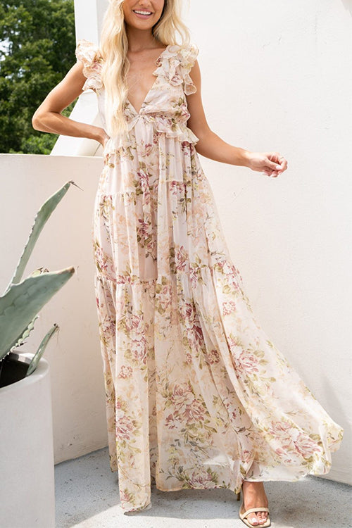 V Neck Ruffle Trim Bow Back Floral Print Flowy Maxi Dress