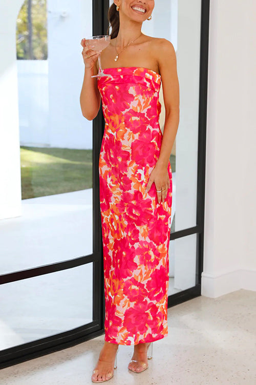 Margovil Strapless Off Shoulder Backless Printed Maxi Party Dress