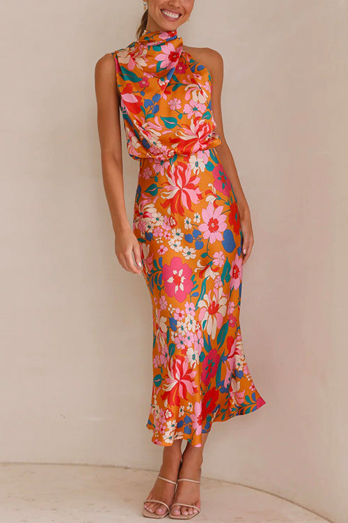 Margovil Tie Back Halter Sleeveless Waisted Maxi Floral Dress