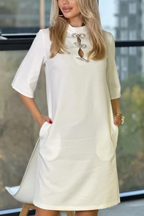 Mockneck Short Sleeves Pocketed Bow Front Dress