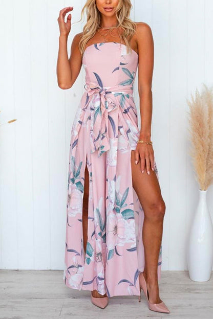 Margovil Sleeveless Off Shoulder Tie Waist Split Wide Leg Floral Jumpsuit