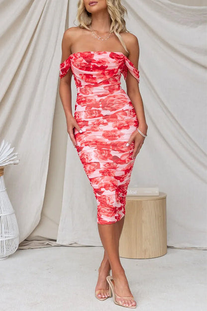 Off Shoulder Ruched Mesh Overlay Floral Midi Dress