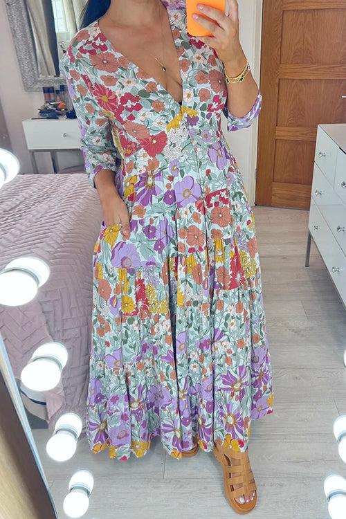 Margovil Deep V Neck High Waist Pockets Floral Maxi Swing Dress