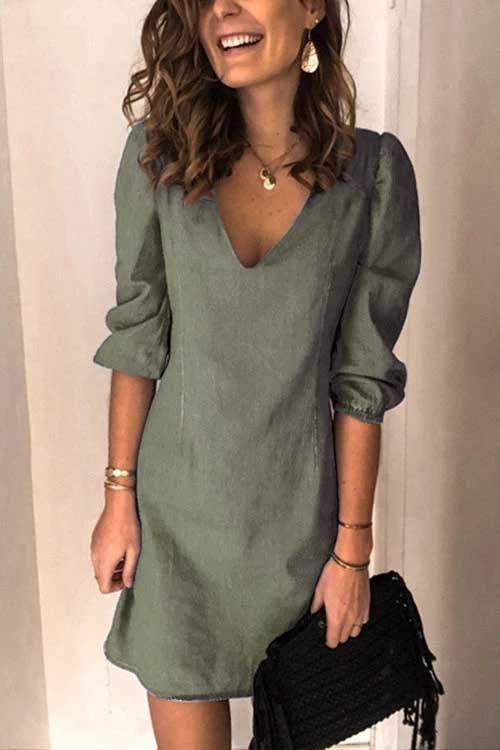 Margovil V Neck Cuff Sleeve Solid Mini Dress