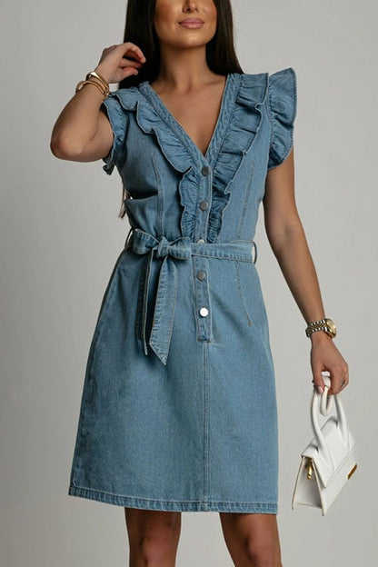 Margovil V Neck Button Up Tie Waist Ruffle Trim Denim Dress