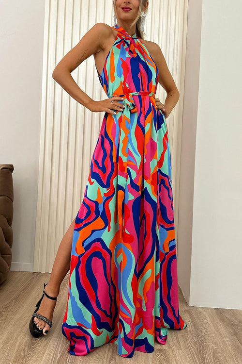 Halter Sleeveless Tie Waist Side Slit Printed Maxi Swing Dress