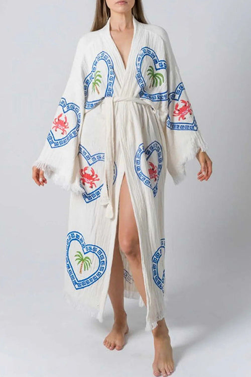 Margovil Raw Hem Tie Waist Printed Beach Vacation Kimono Maxi Dress