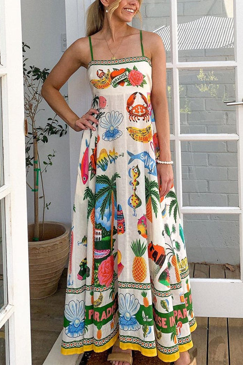 Margovil Spaghetti Strap Unique Print Flowy Maxi Dress