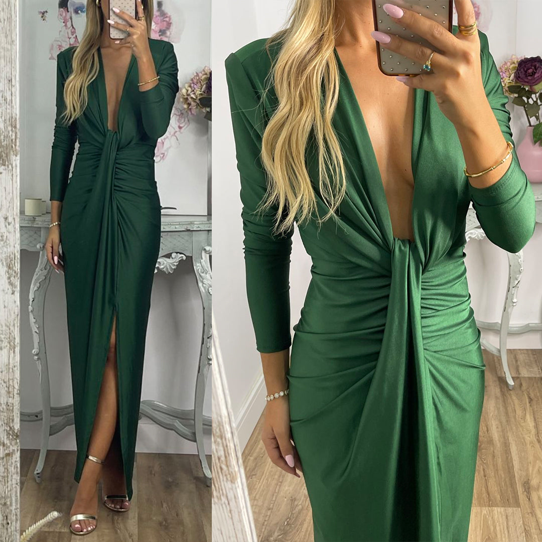 Margovil Deep V Neck Ruched Slit Maxi Bodycon Dress