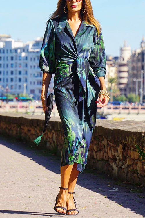 Knot Waist Long Sleeves Printed Wrap Shirt Dress