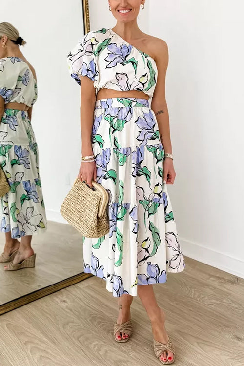 Floral Print One Shoulder Crop Top and Midi Swing Skirt Set