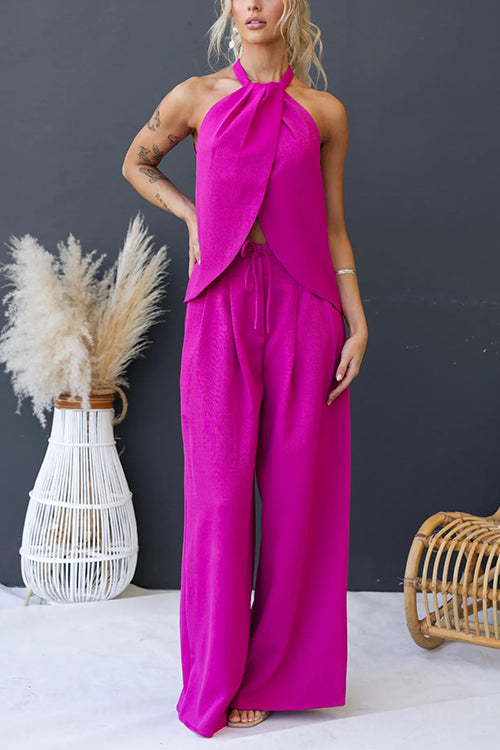 Halter Slit Top Tie Waist Pocketed Wide Leg Pants Set