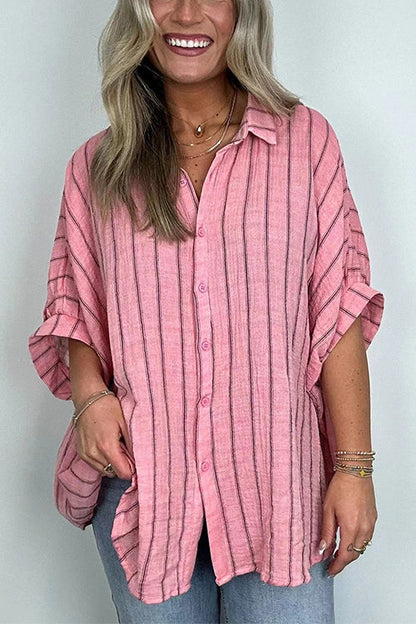 Margovil Oversized Button Down Batwing Sleeves Striped Shirt