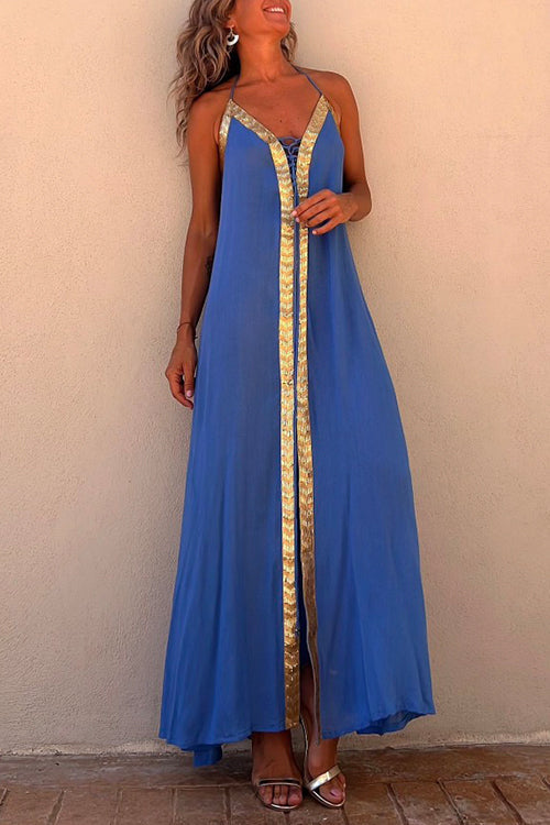 Margovil V Neck Backless Sequin Detailed Slit Maxi Cami Dress