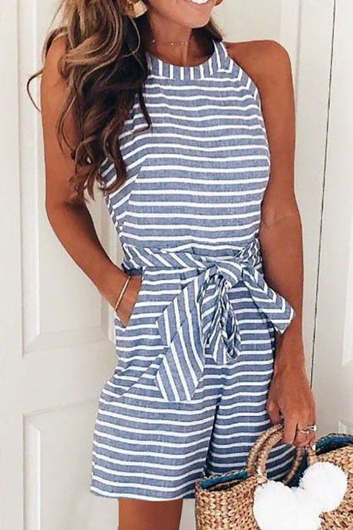 Margovil Crewneck Sleeveless Bow-knot Striped Romper