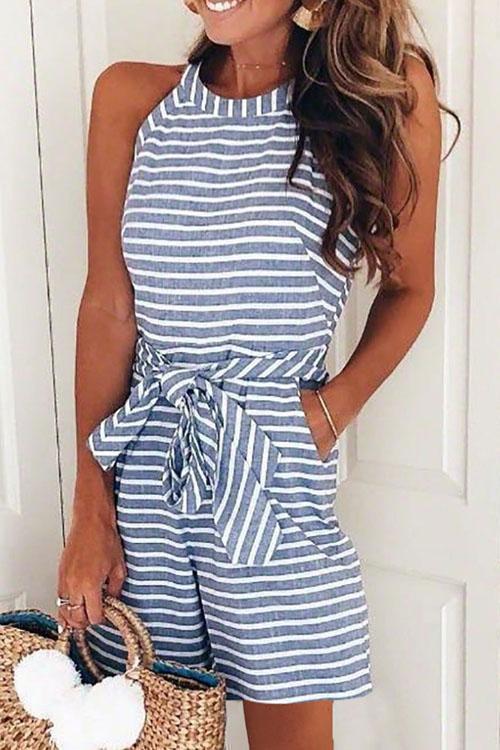 Margovil Crewneck Sleeveless Bow-knot Striped Romper