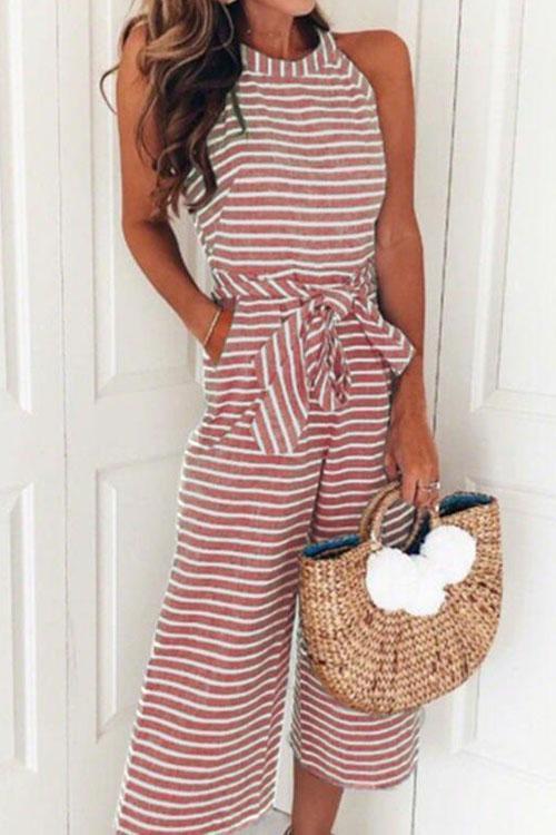 Margovil Sleeveless Knot Waist Wide Leg Striped Jumpsuit