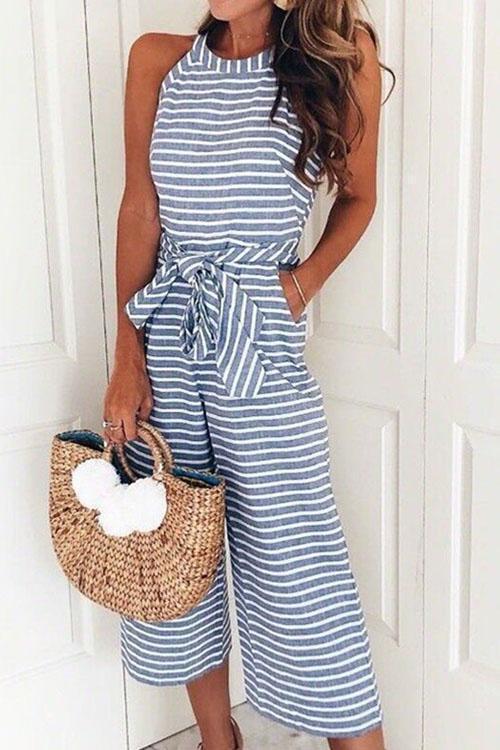 Margovil Sleeveless Knot Waist Wide Leg Striped Jumpsuit