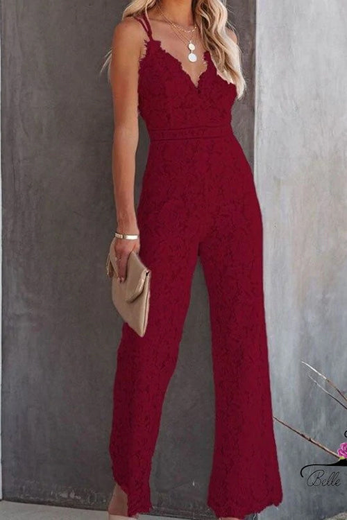 Margovil V Neck Waisted Wide Leg Cami Lace Jumpsuit