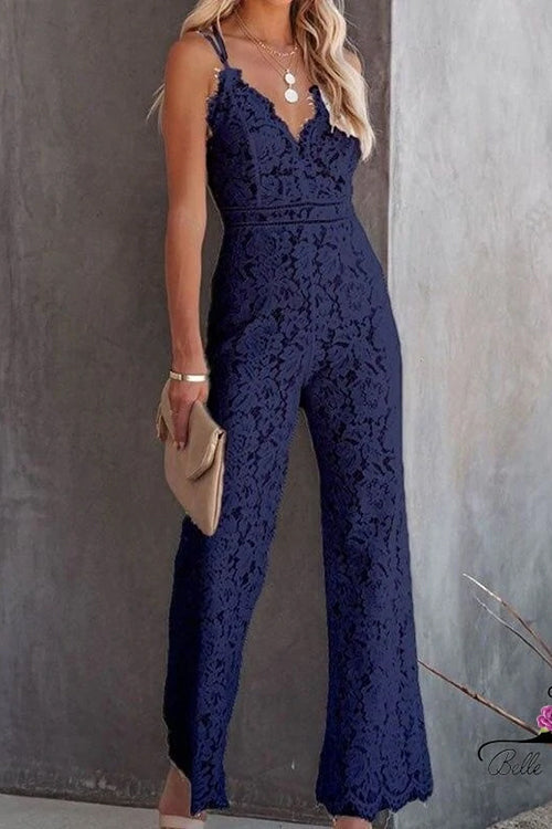 Margovil V Neck Waisted Wide Leg Cami Lace Jumpsuit