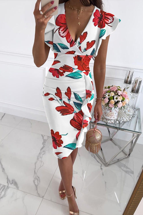 Margovil V Neck Sleeveless High Waist Printed Dress